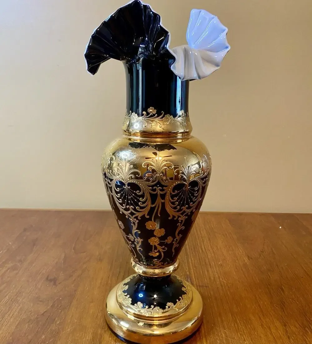 Bohemian Crystal Glass Vase Decorated Gold Flower Czech Republic